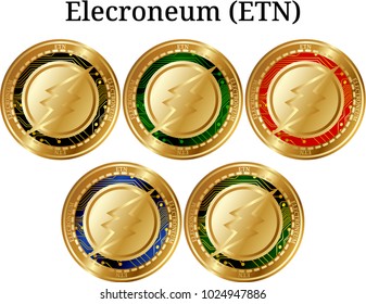 Set of physical golden coin Elecroneum (ETN), digital cryptocurrency. Elecroneum (ETN) icon set. Vector illustration isolated on white background.