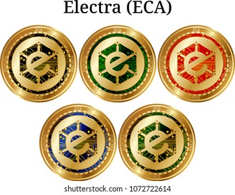 Set of physical golden coin Electra (ECA), digital cryptocurrency. Electra (ECA) icon set. Vector illustration isolated on white background.