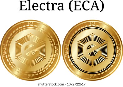 Set of physical golden coin Electra (ECA), digital cryptocurrency. Electra (ECA) icon set. Vector illustration isolated on white background.