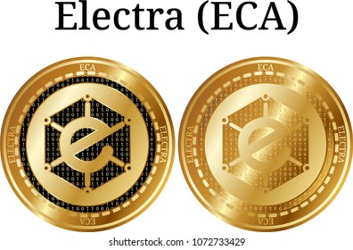 Set of physical golden coin Electra (ECA), digital cryptocurrency. Electra (ECA) icon set. Vector illustration isolated on white background.