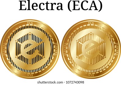 Set of physical golden coin Electra (ECA), digital cryptocurrency. Electra (ECA) icon set. Vector illustration isolated on white background.