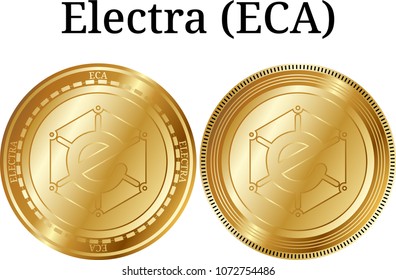 Set of physical golden coin Electra (ECA), digital cryptocurrency. Electra (ECA) icon set. Vector illustration isolated on white background.