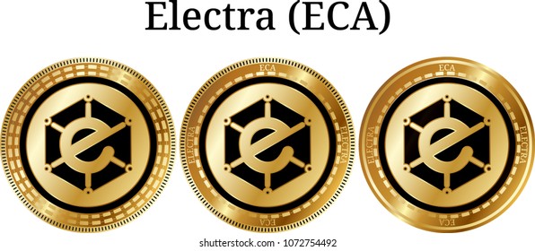 Set of physical golden coin Electra (ECA), digital cryptocurrency. Electra (ECA) icon set. Vector illustration isolated on white background.