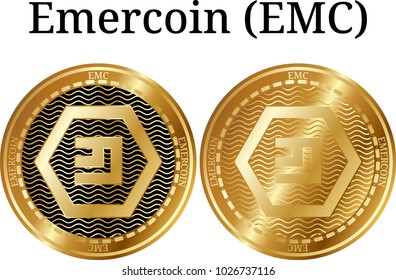 Set of physical golden coin Emercoin (EMC), digital cryptocurrency. Emercoin (EMC) icon set. Vector illustration isolated on white background.