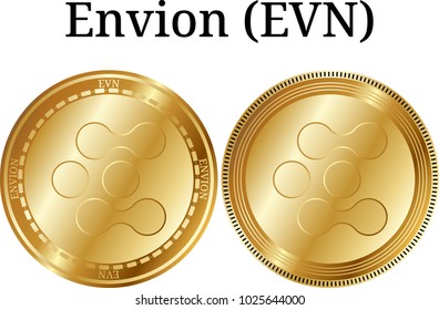 Set of physical golden coin Envion (EVN), digital cryptocurrency. Envion (EVN) icon set. Vector illustration isolated on white background.