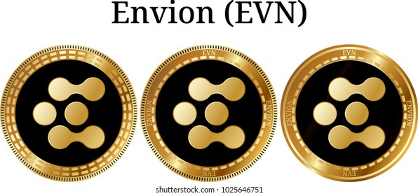 Set of physical golden coin Envion (EVN), digital cryptocurrency. Envion (EVN) icon set. Vector illustration isolated on white background.