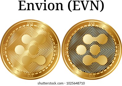 Set of physical golden coin Envion (EVN), digital cryptocurrency. Envion (EVN) icon set. Vector illustration isolated on white background.