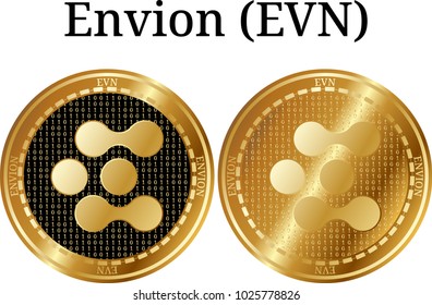 Set of physical golden coin Envion (EVN), digital cryptocurrency. Envion (EVN) icon set. Vector illustration isolated on white background.