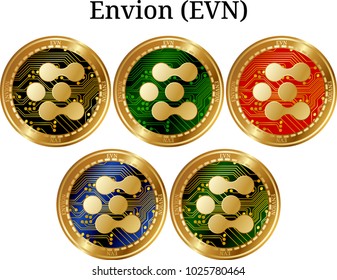 Set of physical golden coin Envion (EVN), digital cryptocurrency. Envion (EVN) icon set. Vector illustration isolated on white background.