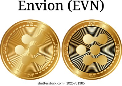 Set of physical golden coin Envion (EVN), digital cryptocurrency. Envion (EVN) icon set. Vector illustration isolated on white background.