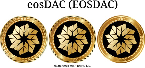 Set of physical golden coin eosDAC (EOSDAC), digital cryptocurrency. eosDAC (EOSDAC) icon set. Vector illustration isolated on white background.