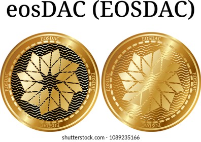 Set of physical golden coin eosDAC (EOSDAC), digital cryptocurrency. eosDAC (EOSDAC) icon set. Vector illustration isolated on white background.