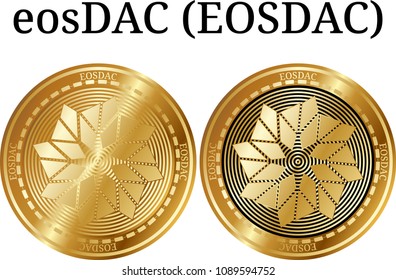 Set of physical golden coin eosDAC (EOSDAC), digital cryptocurrency. eosDAC (EOSDAC) icon set. Vector illustration isolated on white background.