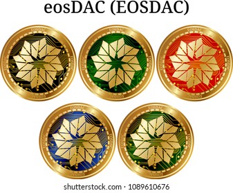 Set of physical golden coin eosDAC (EOSDAC), digital cryptocurrency. eosDAC (EOSDAC) icon set. Vector illustration isolated on white background.