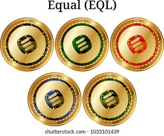 Set of physical golden coin Equal (EQL), digital cryptocurrency. Equal (EQL) icon set. Vector illustration isolated on white background.