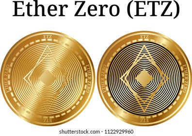 Set of physical golden coin Ether Zero (ETZ), digital cryptocurrency.  icon set. Vector illustration isolated on white background.