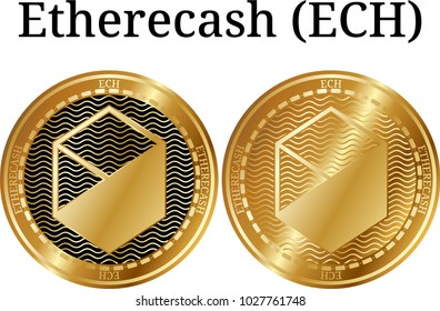 Set of physical golden coin Etherecash (ECH), digital cryptocurrency. Etherecash (ECH) icon set. Vector illustration isolated on white background.