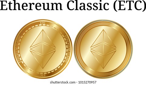 Set of physical golden coin Ethereum Classic (ETC), digital cryptocurrency. Ethereum Classic (ETC) icon set. Vector illustration isolated on white background.