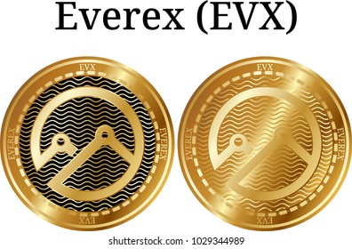 Set of physical golden coin Everex (EVX), digital cryptocurrency. Everex (EVX) icon set. Vector illustration isolated on white background.