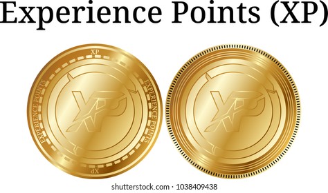 Set of physical golden coin Experience Points (XP), digital cryptocurrency. Experience Points (XP) icon set. Vector illustration isolated on white background.