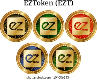Set of physical golden coin EZToken (EZT), digital cryptocurrency. EZToken (EZT) icon set. Vector illustration isolated on white background.