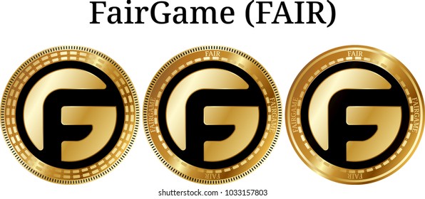 Set of physical golden coin FairGame (FAIR), digital cryptocurrency. FairGame (FAIR) icon set. Vector illustration isolated on white background.