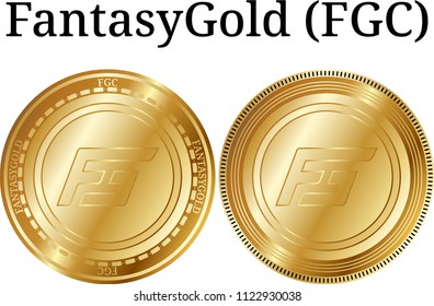 Set of physical golden coin FantasyGold (FGC), digital cryptocurrency.  icon set. Vector illustration isolated on white background.