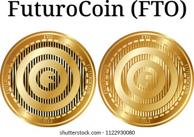 Set of physical golden coin FuturoCoin (FTO), digital cryptocurrency.  icon set. Vector illustration isolated on white background.