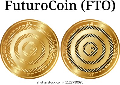 Set of physical golden coin FuturoCoin (FTO), digital cryptocurrency.  icon set. Vector illustration isolated on white background.