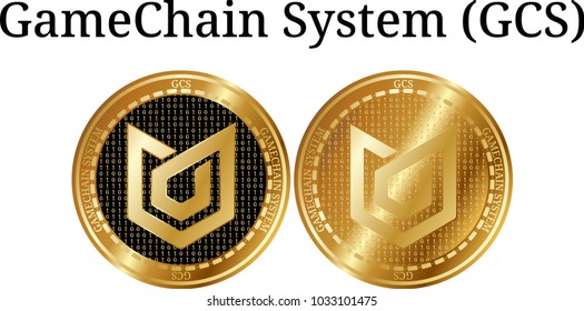 Set of physical golden coin GameChain System (GCS), digital cryptocurrency. GameChain System (GCS) icon set. Vector illustration isolated on white background.