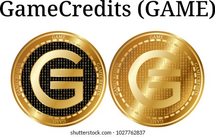 Set of physical golden coin GameCredits (GAME), digital cryptocurrency. GameCredits (GAME) icon set. Vector illustration isolated on white background.