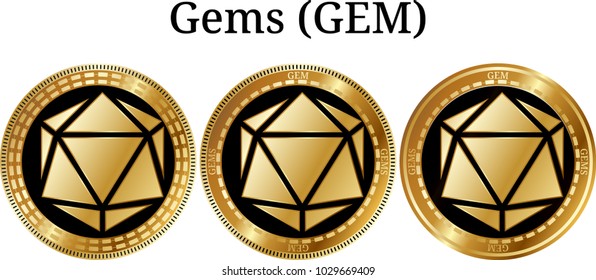 Set of physical golden coin Gems (GEM), digital cryptocurrency. Gems (GEM) icon set. Vector illustration isolated on white background.