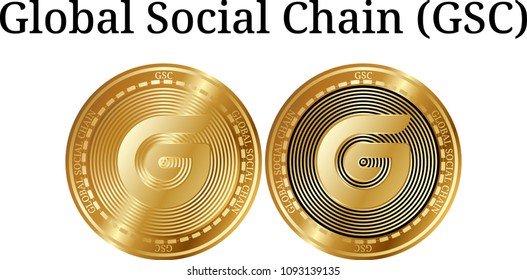 Set of physical golden coin Global Social Chain (GSC), digital cryptocurrency. Global Social Chain (GSC) icon set. Vector illustration isolated on white background.