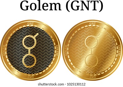 Set of physical golden coin Golem (GNT), digital cryptocurrency. Golem (GNT) icon set. Vector illustration isolated on white background.