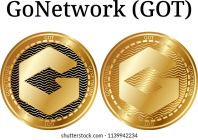 Set of physical golden coin GoNetwork (GOT), digital cryptocurrency.  icon set. Vector illustration isolated on white background.