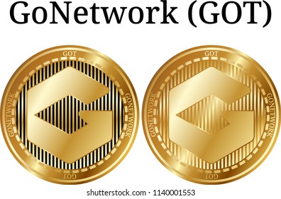 Set of physical golden coin GoNetwork (GOT), digital cryptocurrency.  icon set. Vector illustration isolated on white background.