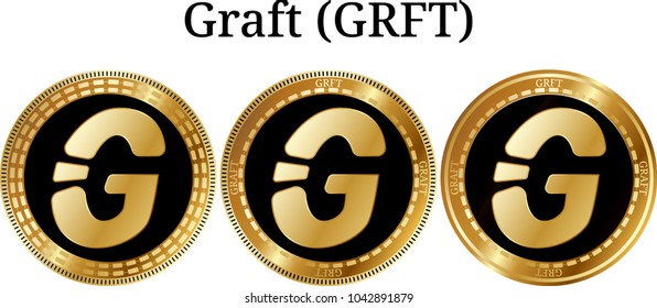 Set of physical golden coin Graft (GRFT), digital cryptocurrency. Graft (GRFT) icon set. Vector illustration isolated on white background.