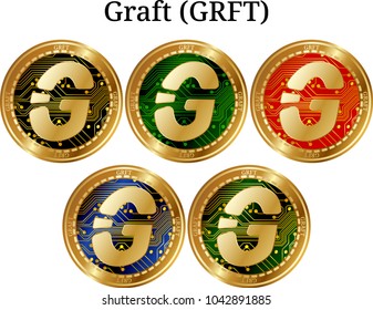 Set of physical golden coin Graft (GRFT), digital cryptocurrency. Graft (GRFT) icon set. Vector illustration isolated on white background.