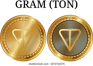 Set of physical golden coin GRAM (TON), digital cryptocurrency. GRAM (TON) icon set. Vector illustration isolated on white background.