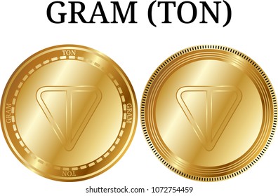 Set of physical golden coin GRAM (TON), digital cryptocurrency. GRAM (TON) icon set. Vector illustration isolated on white background.