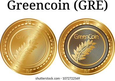 Set of physical golden coin Greencoin (GRE), digital cryptocurrency. Greencoin (GRE) icon set. Vector illustration isolated on white background.