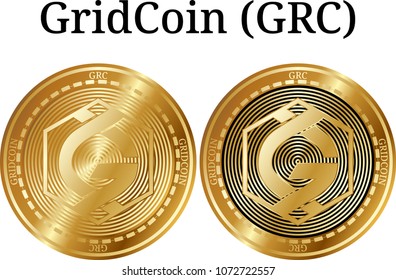 Set of physical golden coin GridCoin (GRC), digital cryptocurrency. GridCoin (GRC) icon set. Vector illustration isolated on white background.