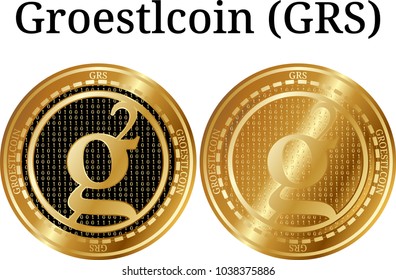 Set of physical golden coin Groestlcoin (GRS), digital cryptocurrency. Groestlcoin (GRS) icon set. Vector illustration isolated on white background.