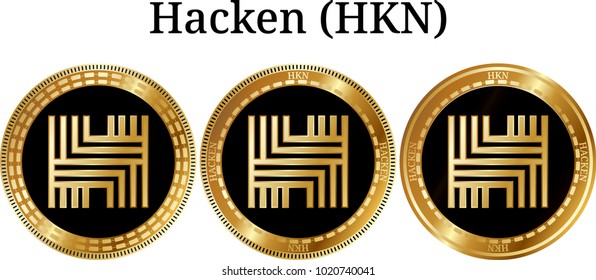 Set of physical golden coin Hacken (HKN), digital cryptocurrency. Hacken (HKN) icon set. Vector illustration isolated on white background.