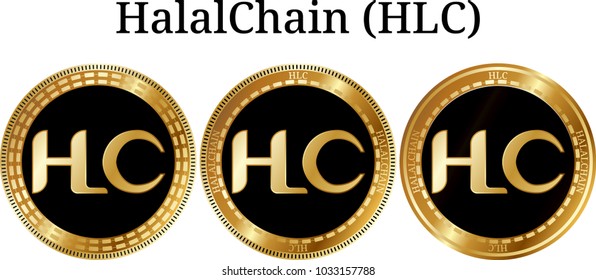 Set of physical golden coin HalalChain (HLC), digital cryptocurrency. HalalChain (HLC) icon set. Vector illustration isolated on white background.