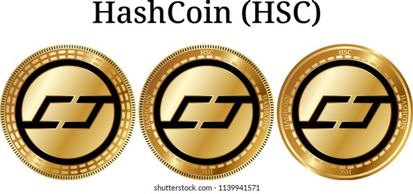 Set of physical golden coin HashCoin (HSC), digital cryptocurrency.  icon set. Vector illustration isolated on white background.