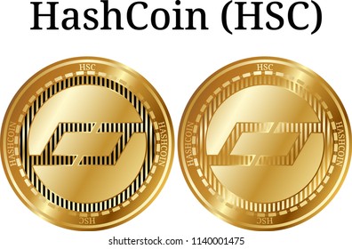Set of physical golden coin HashCoin (HSC), digital cryptocurrency.  icon set. Vector illustration isolated on white background.
