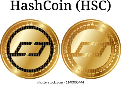 Set of physical golden coin HashCoin (HSC), digital cryptocurrency.  icon set. Vector illustration isolated on white background.
