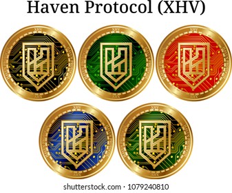 Set of physical golden coin Haven Protocol (XHV), digital cryptocurrency. Haven Protocol (XHV) icon set. Vector illustration isolated on white background.