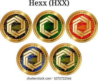 Set of physical golden coin Hexx (HXX), digital cryptocurrency. Hexx (HXX) icon set. Vector illustration isolated on white background.